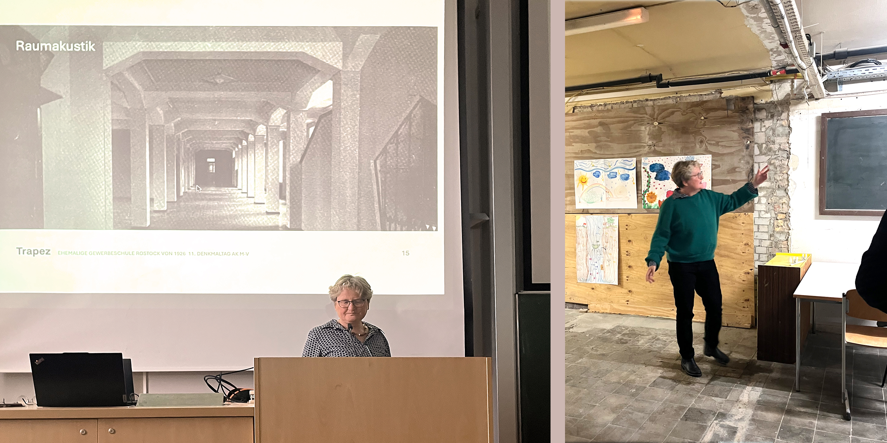 Verena Zschocke beim Denkmalgespräch und einer Führung durch das denkmageschützte, unsanierte Gebäude