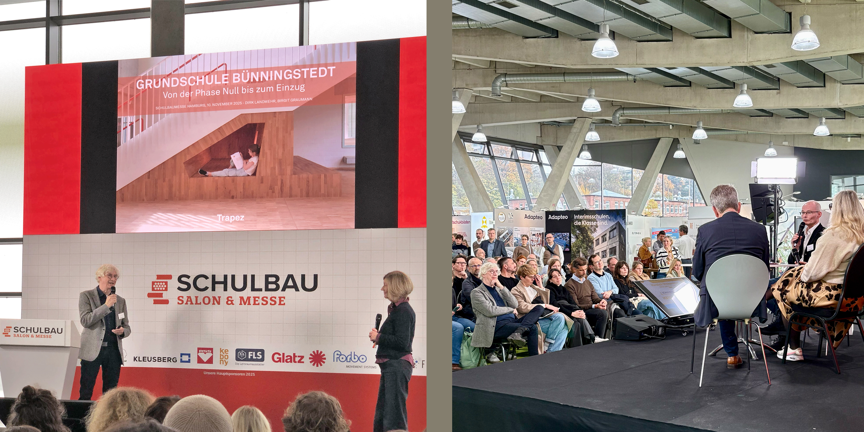 Architekten referieren und diskutieren auf einer Schulbaumesse