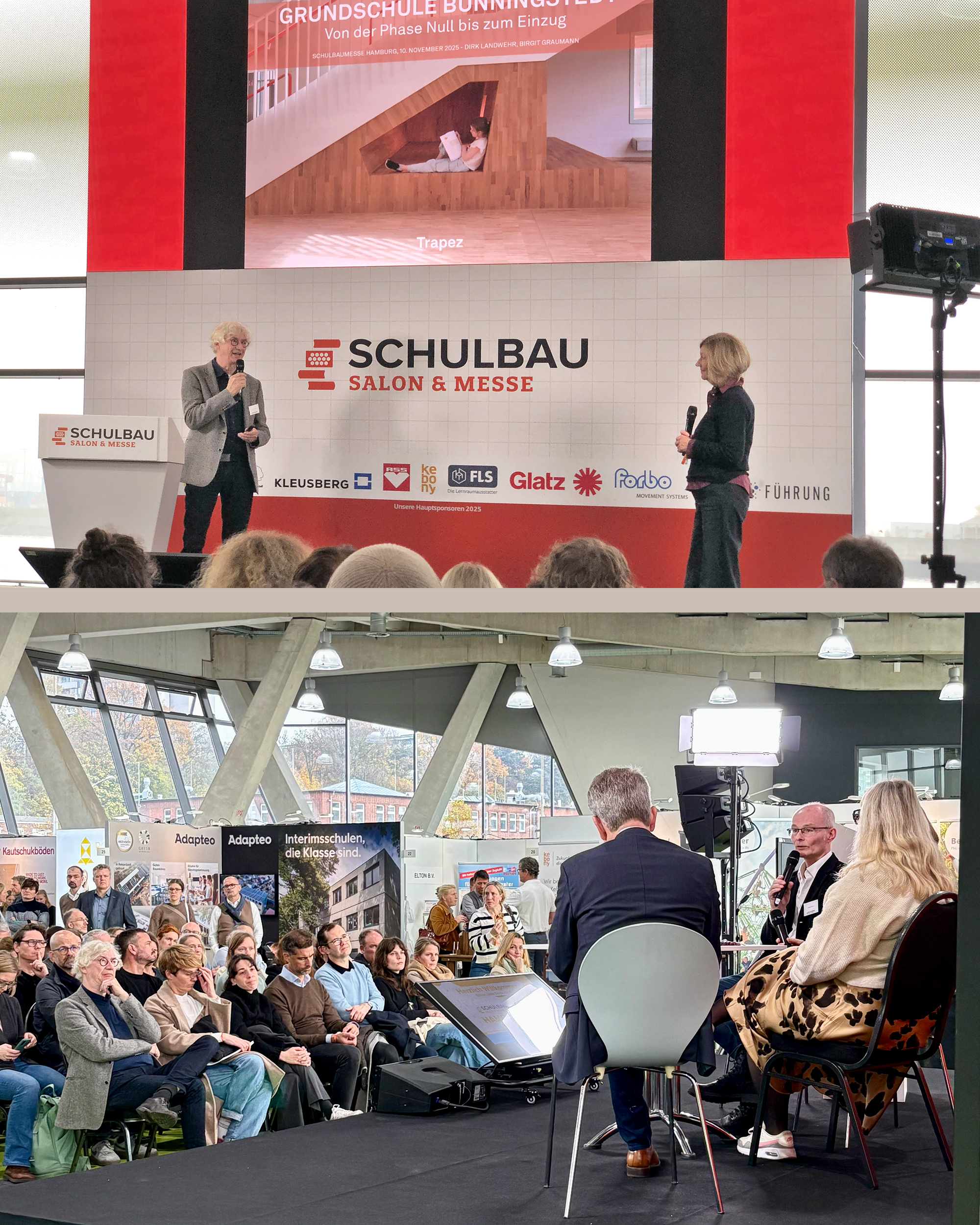 Architekten referieren und diskutieren auf einer Schulbaumesse