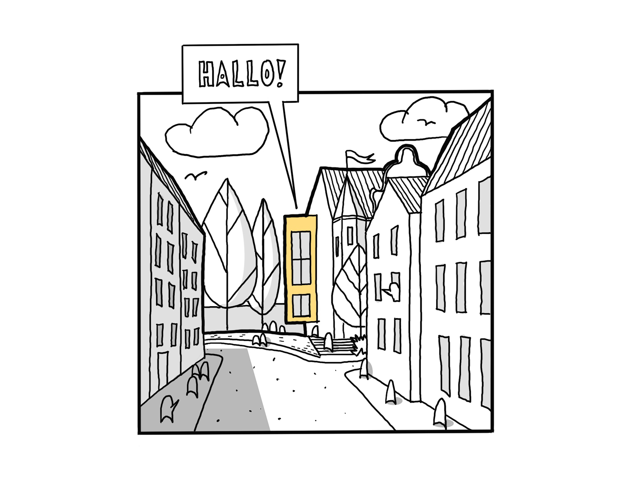 Grafik einer Häuserschlucht mit anbau und einer Sprechblase, die Hallo sagt